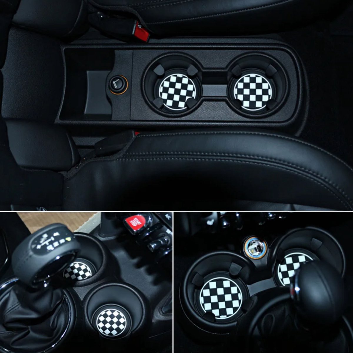 Set van 2 Bekerhouder Inleggers - Zwart Wit Geblokt - Geschikt voor Mini Cooper / Cooper S / Clubman / Countryman - Rubberen Bekerhouders Onderzetters - Siliconen - Mini Auto Accessoires