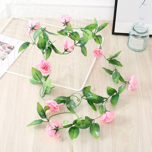 Bloemenslinger met 9 Rozen Roze - Stijlvolle Bloemenstreng voor Decoratie, Fietsmand of Stuur - 240 CM Bloemen - Plastic Kunstbloemen Fiets Slinger
