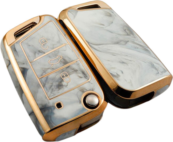 Zachte TPU Sleutelcover - Marmer Grijs Goud - Sleutelhoesje Geschikt voor Volkswagen Polo / Golf / 2014 - 2021 / Seat Leon / Seat Ibiza / Golf GTI / Golf R / Golf 7 / Skoda - Sleutel Hoesje Cover - Auto Accessoires