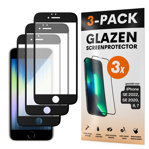 Screenprotector - Geschikt voor iPhone 7 / 8 / SE 2020 - Gehard Glas - Full Cover Tempered Glass - Case Friendly - 3 Pack