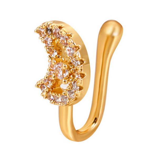 Fake Neuspiercing Goud - Maan met Diamantjes - Nep Neuspiercing Sieraad - Neusring - Nep Piercing Neus Ringetje - Metaal