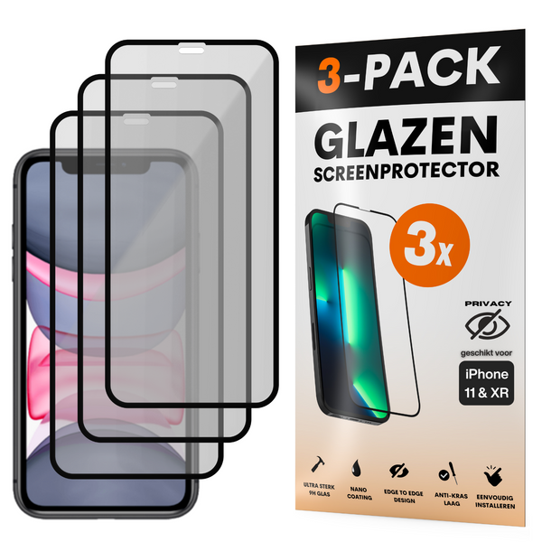 Privacy Screenprotector - Geschikt voor iPhone 11 / XR - Gehard Glas - Full Cover Tempered Privacy Glass - Case Friendly - 3 Pack