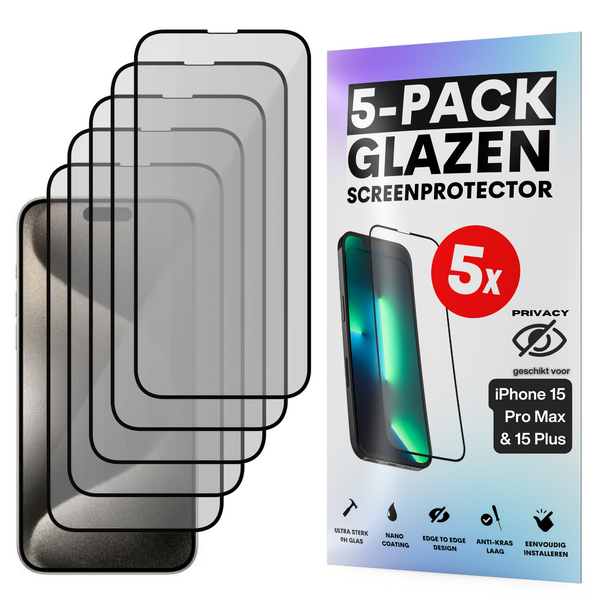 Privacy Screenprotector - Geschikt voor iPhone 15 Pro Max / 15 Plus - Gehard Glas - Full Cover Tempered Privacy Glass - Case Friendly - 5 Pack