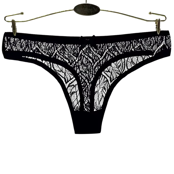 Kanten Dames String - Zwart - Kant Met Strikje - Comfortabel Vrouwen Ondergoed / Lingerie - Sexy Slip / Onderbroek - Maat XL
