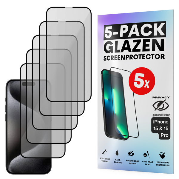 Privacy Screenprotector - Geschikt voor iPhone 15 / 15 Pro - Gehard Glas - Full Cover Tempered Privacy Glass - Case Friendly - 5 Pack