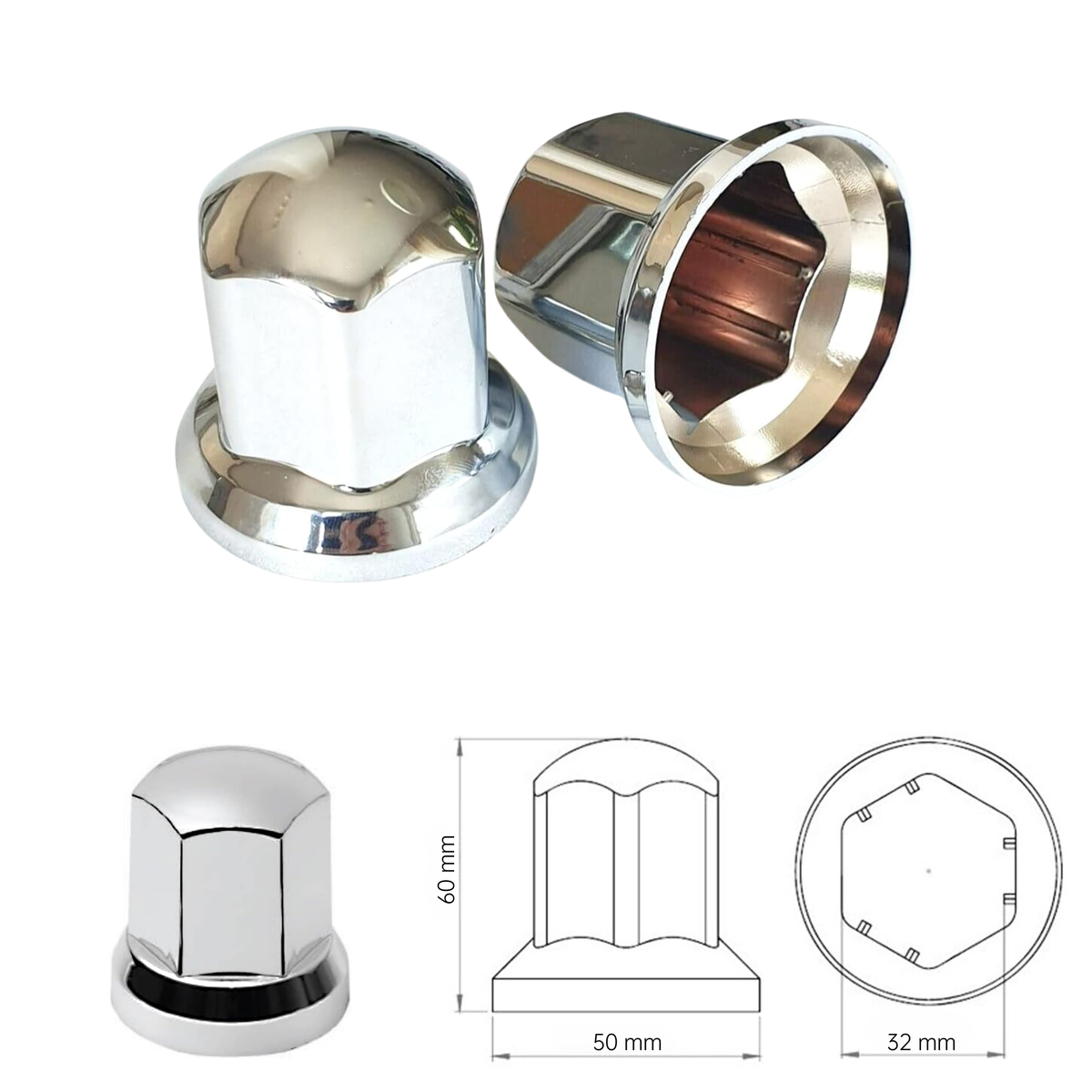 Vrachtwagen Wielmoerdoppen Chroom - 100 Stuks - 60 mm x 32 mm - Kunststof - Wiel Moer Cover Caps - Bescherming Voor Wielmoeren - Wieldoppen - Geschikt Voor Vrachtwagen / Trucks / Aanhanger / Bus / Trailer - Voertuig accessoires
