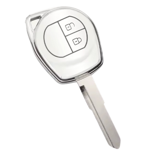 Zachte TPU Sleutelcover - Sleutelhoesje Geschikt voor Suzuki Swift / Grand Vitara / SX4 / Vitara / Jimny / Celerio - Wit met Zilver - Key Cover - Auto Accessoires