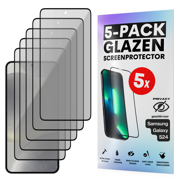 Privacy Screenprotector - Geschikt voor Samsung Galaxy S24 - Gehard Glas - Full Cover Tempered Privacy Glass - Case Friendly - 5 Pack