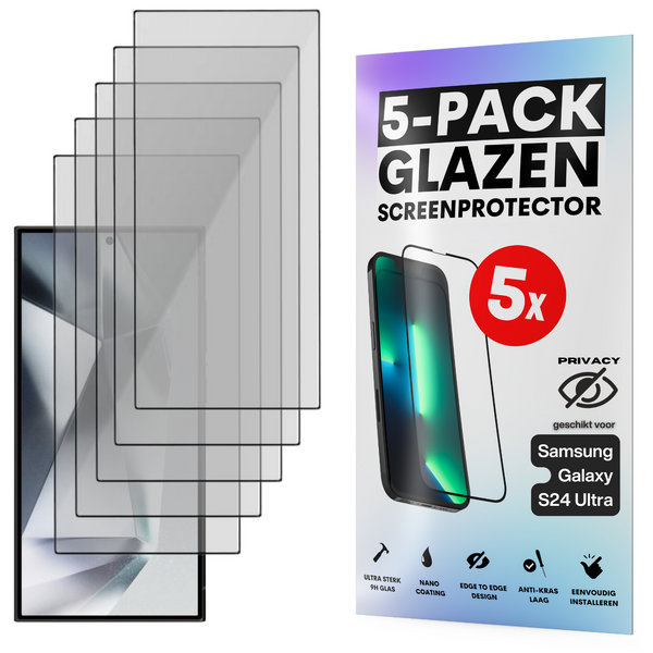 Privacy Screenprotector - Geschikt voor Samsung Galaxy S24 Ultra - Gehard Glas - Full Cover Tempered Privacy Glass - Case Friendly - 5 Pack