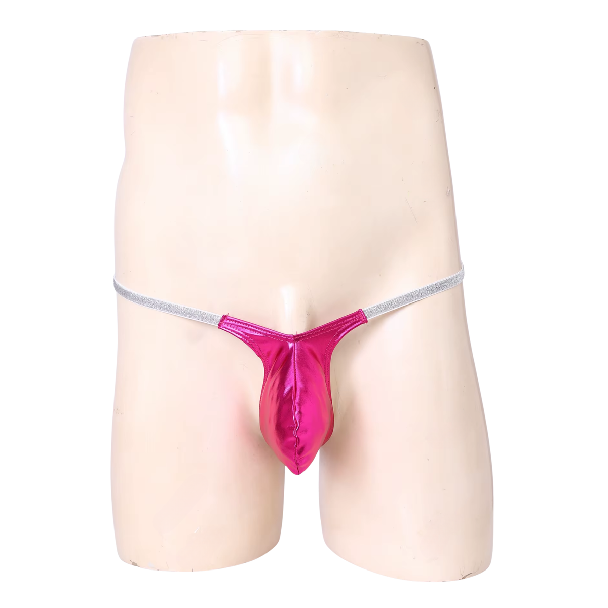 Heren Glanzende G-String – Donkerroze - Sexy Roze Pouch Ondergoed - Mini String - Smalle Zilveren Bandjes - Lage Taille & Hoge Elasticiteit – Ondergoed / Onderbroek / Slip - Mannen Lingerie - One Size