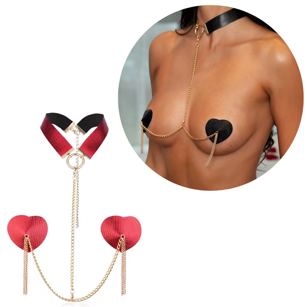 Sexy Tepel Covers voor Vrouwen - Hartvormige Nipple Covers met Choker en Ketting - Verleidelijke Tepelstickers - Tepelplakkers - Rood - One Size
