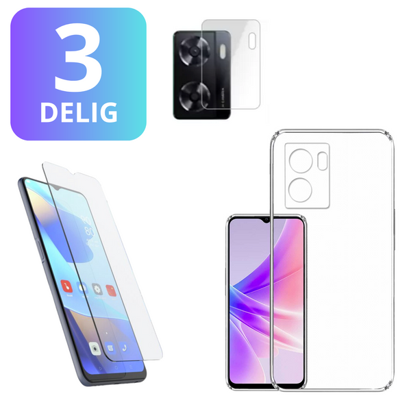 3 in 1 Set Geschikt voor OPPO A57 / A57s - Transparant Hoesje + Screenprotector + Cameraprotector - Doorzichtige Shockproof TPU Case - Tempered Glass Screen Protector - Glazen Camerabeschermer - Set van 3