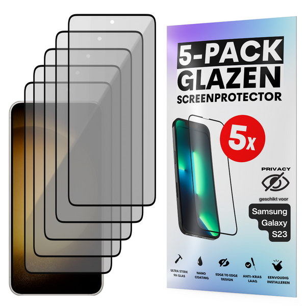 Privacy Screenprotector - Geschikt voor Samsung Galaxy S23 - Gehard Glas - Full Cover Tempered Privacy Glass - Case Friendly - 5 Pack