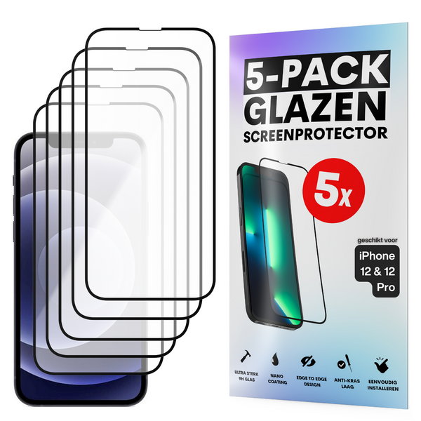 Screenprotector - Geschikt voor iPhone 12 / 12 Pro - Gehard Glas - Full Cover Tempered Glass - Case Friendly - 5 Pack