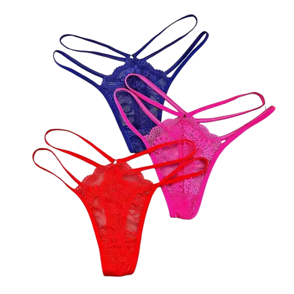 Sexy Kanten String met Dubbele Bandjes - Set van 3 - Blauw, Roze en Rood - Dubbele Bandjes - Felle Kleuren - Dames Onderbroek Kant - Lingerie / Ondergoed - Maat L