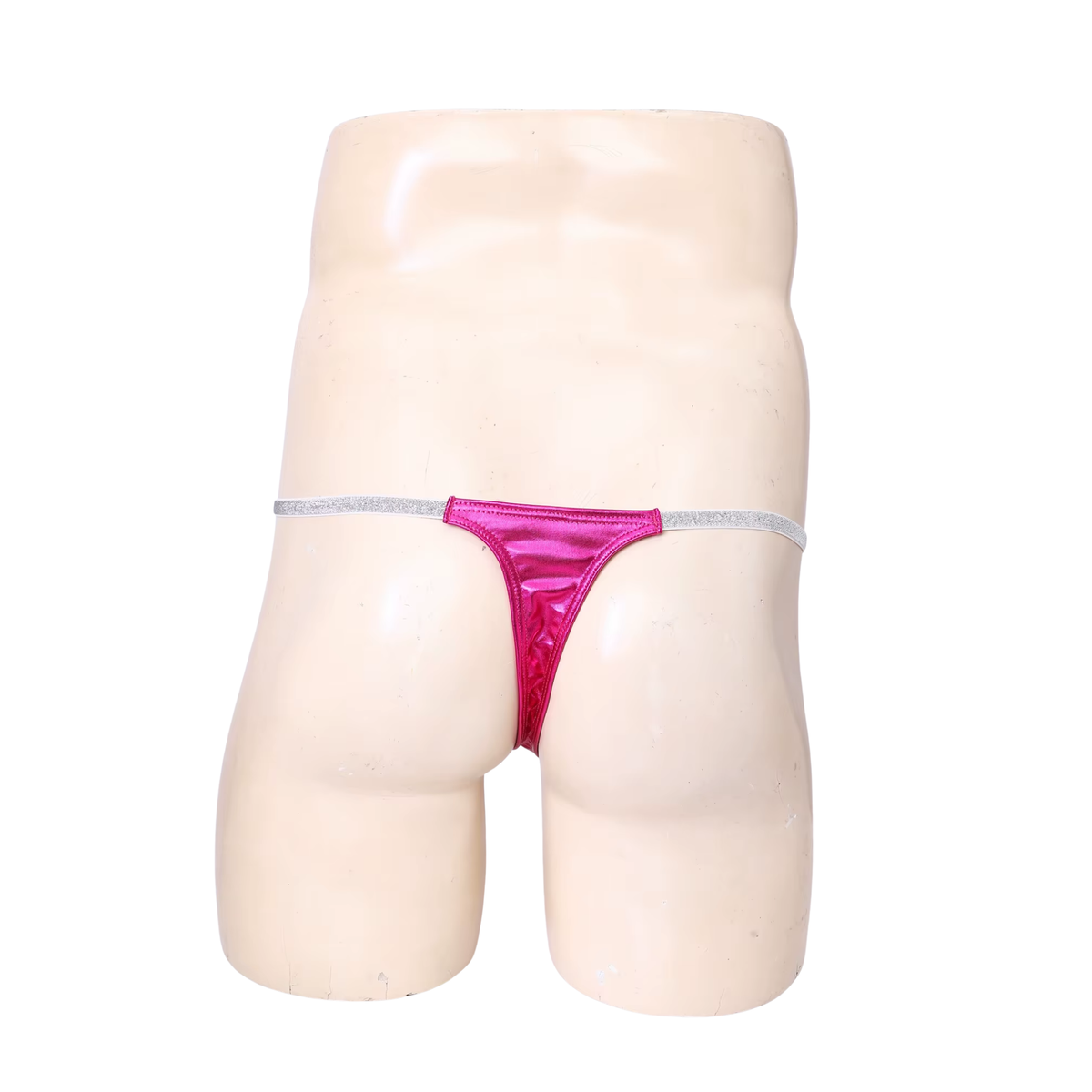 Heren Glanzende G-String – Donkerroze - Sexy Roze Pouch Ondergoed - Mini String - Smalle Zilveren Bandjes - Lage Taille & Hoge Elasticiteit – Ondergoed / Onderbroek / Slip - Mannen Lingerie - One Size