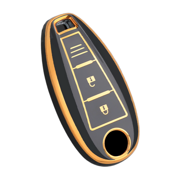 Zachte TPU Sleutelcover - Sleutelhoesje Geschikt voor Suzuki Swift / Swift Sport / SX4 / Scross / Ignis / Vitara - Zwart - Randen Goud - Sleutel Hoesje Cover - Auto Accessoires