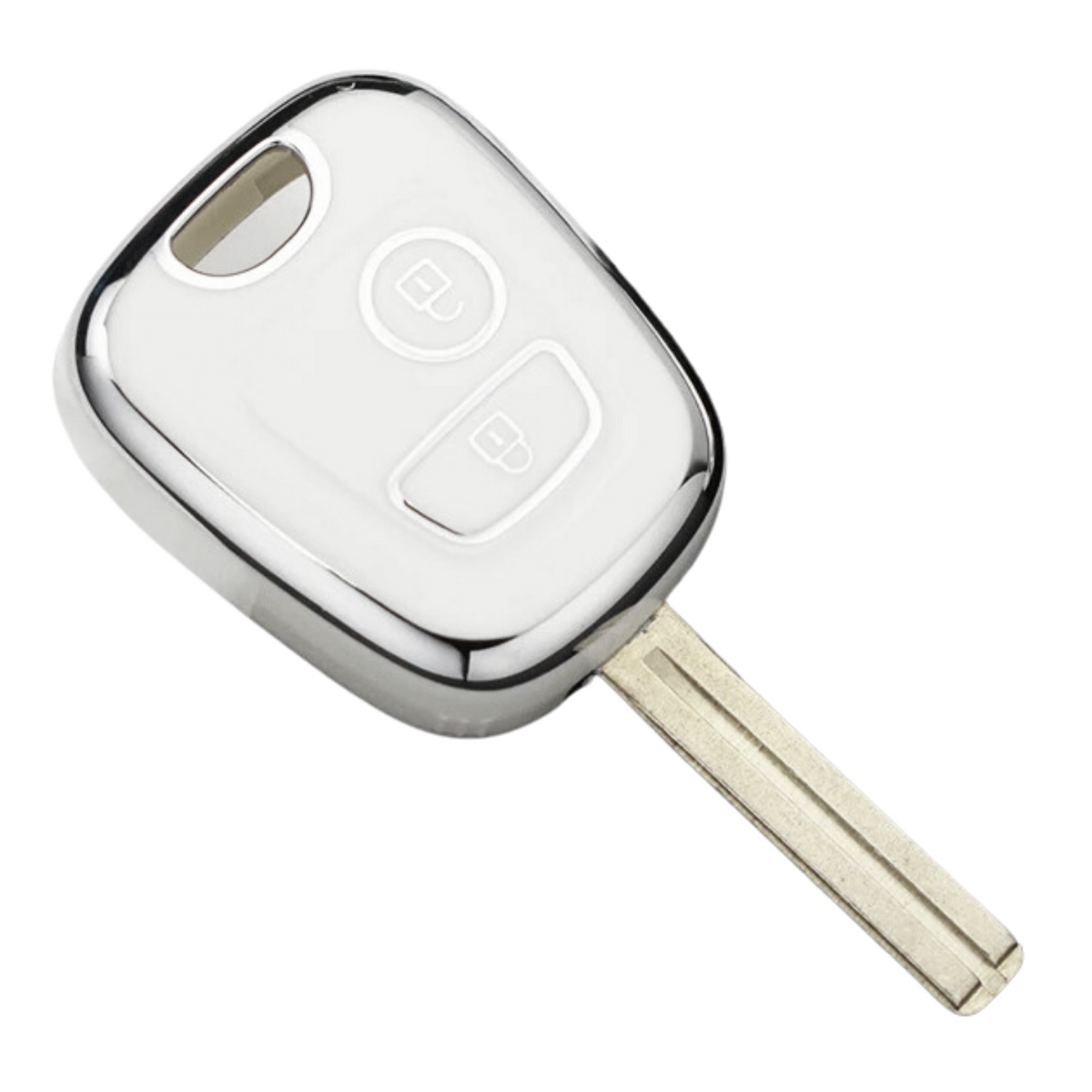 Zachte TPU Sleutelcover - Geschikt voor Toyota Aygo / Citroën C1 / Peugeot 107 - Wit Zilver Metallic - Sleutel Hoesje Cover - Randen Zilver - Auto Accessoires