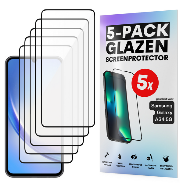 Screenprotector - Geschikt voor Samsung Galaxy A34 5G - Gehard Glas - Full Cover Tempered Glass - Case Friendly - 5 Pack
