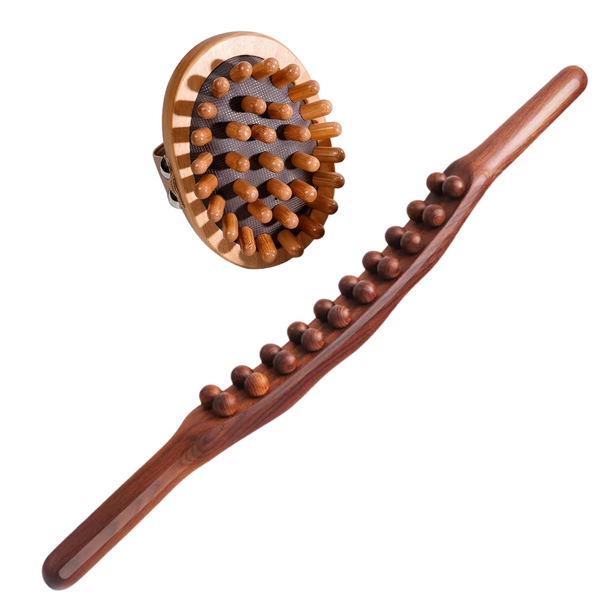 2-Delige Set - Houten Massage Stok en Cellulite Borstel - Huidverbetering - Gua Sha Massager - Ontspanning - Hoofd / Nek / Rug / Armen / Benen / Buik - Hout