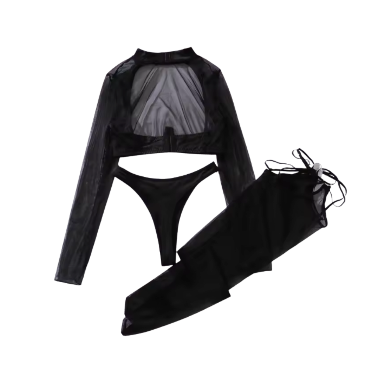 Sexy Doorzichtige Lingerie Set - 3-Delig Setje - String, Mesh Top, Mesh Kousen - Met Beugel - Zwart Transparant - BDSM - Vrouwen Lingerie - Dames Ondergoed - Maat L