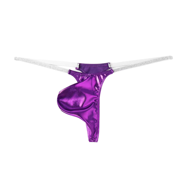 Heren Glanzende G-String – Paars - Sexy Pouch Ondergoed - Mini String - Smalle Zilveren Bandjes - Lage Taille & Hoge Elasticiteit – Ondergoed / Onderbroek / Slip - Mannen Lingerie - One Size