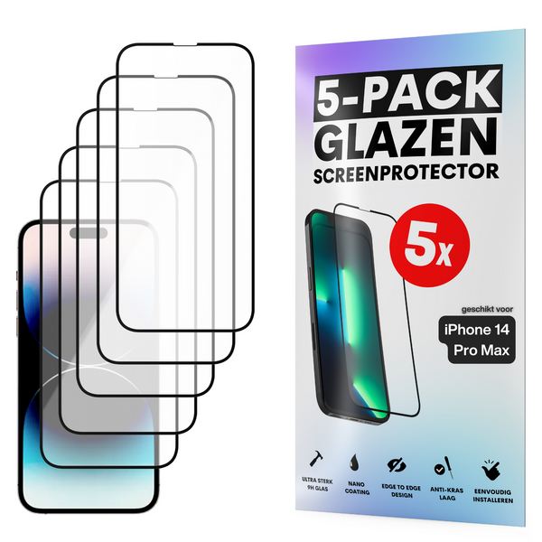 Screenprotector - Geschikt voor iPhone 14 Pro Max - Gehard Glas - Full Cover Tempered Glass - Case Friendly - 5 Pack