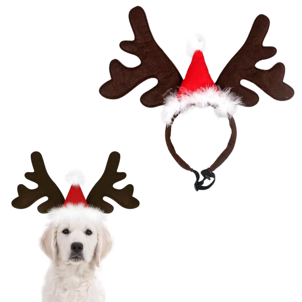 Kerst Gewei voor Honden - Verstelbaar Rendiergewei - Bruin Gewei met Rode Kerstmuts - Voor Kleine en Grote Honden - Hondenkleding Kerst - One Size
