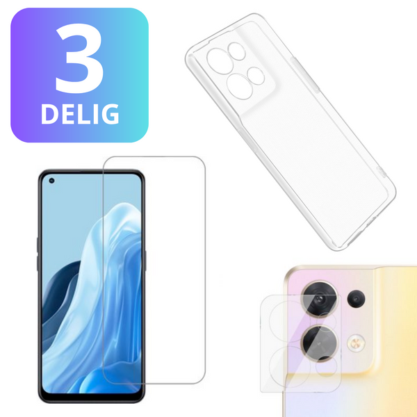 3 in 1 Set Geschikt voor OPPO Reno8 / Reno 8 - Transparant Hoesje + Screenprotector + Cameraprotector - Doorzichtige Shockproof TPU Case - Tempered Glass Screen Protector - Glazen Camerabeschermer - Set van 3