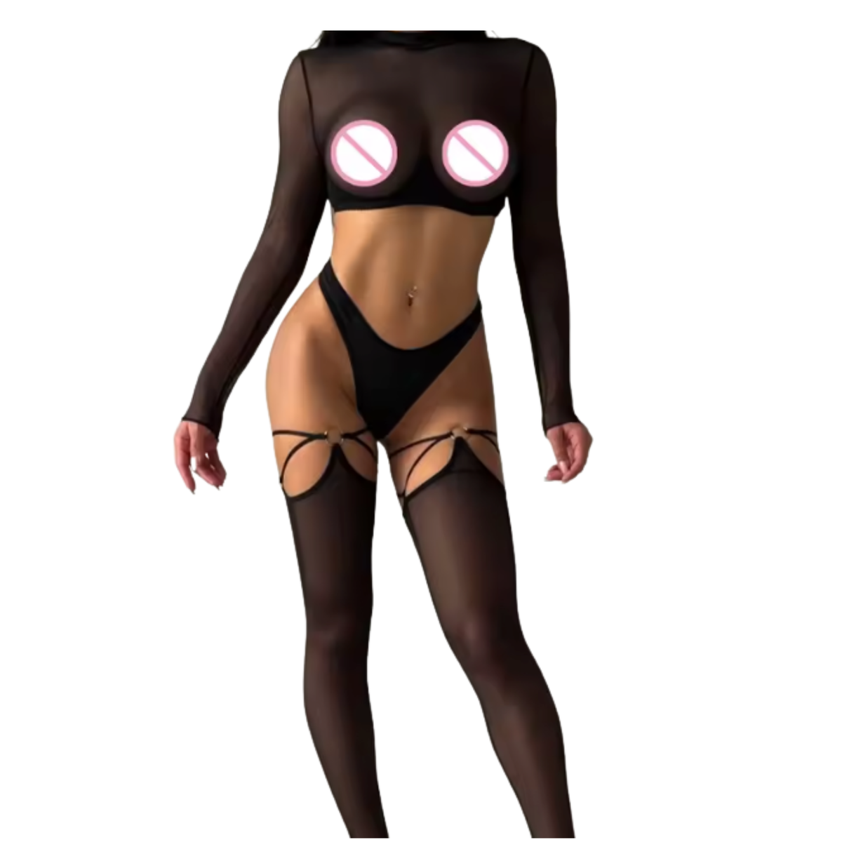 Sexy Doorzichtige Lingerie Set - 3-Delig Setje - String, Mesh Top, Mesh Kousen - Met Beugel - Zwart Transparant - BDSM - Vrouwen Lingerie - Dames Ondergoed - Maat L