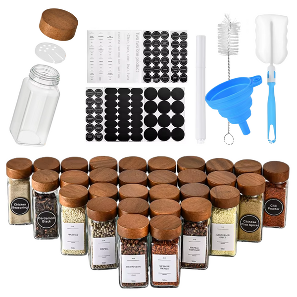 Luxe Set van 36 Glazen Kruidenpotjes - 120 ml - Met Houten Draaideksel, Stickers en Accessoires - Kruidenpotten voor Kruidenrek of Specerijen Organizer