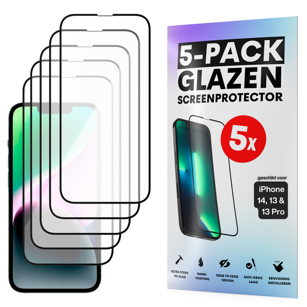 Screenprotector - Geschikt voor iPhone 16E / 14 / 13 / 13 Pro - Gehard Glas - Full Cover Tempered Glass - Case Friendly - 5 Pack