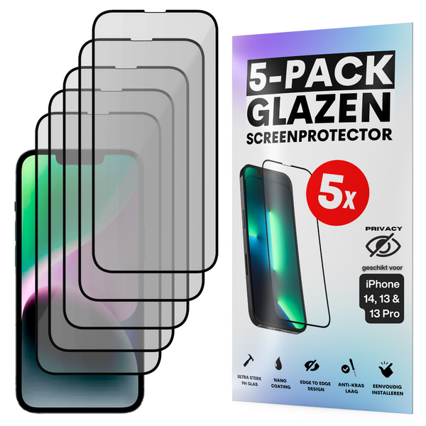 Privacy Screenprotector - Geschikt voor iPhone 16E / 14 / 13 / 13 Pro - Gehard Glas - Full Cover Tempered Privacy Glass - Case Friendly - 5 Pack