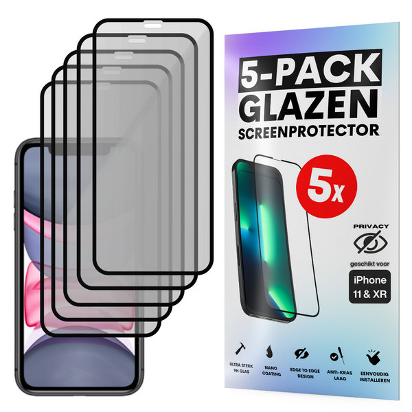 Privacy Screenprotector - Geschikt voor iPhone 11 / XR - Gehard Glas - Full Cover Tempered Privacy Glass - Case Friendly - 5 Pack