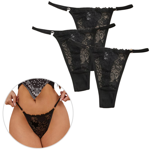[EOL] 3 Pack - Sexy Dames String Zwart - Kant - 95% Katoen - Onderbroek Met Kanten Design - Dames Lingerie / Ondergoed Set - Maat M