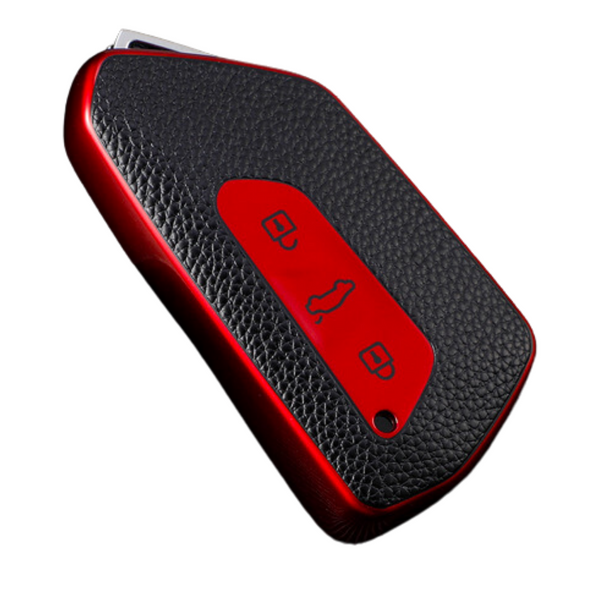 Zachte TPU Sleutelcover - Sleutelhoesje Geschikt voor Volkswagen Golf 8 / ID3 / ID4 / ID5 / ID6 / Seat Leon 2020 / Skoda Octavia 2021 - Rood - Zwart Leer Look - Sleutel Hoesje Cover - Auto Accessoires