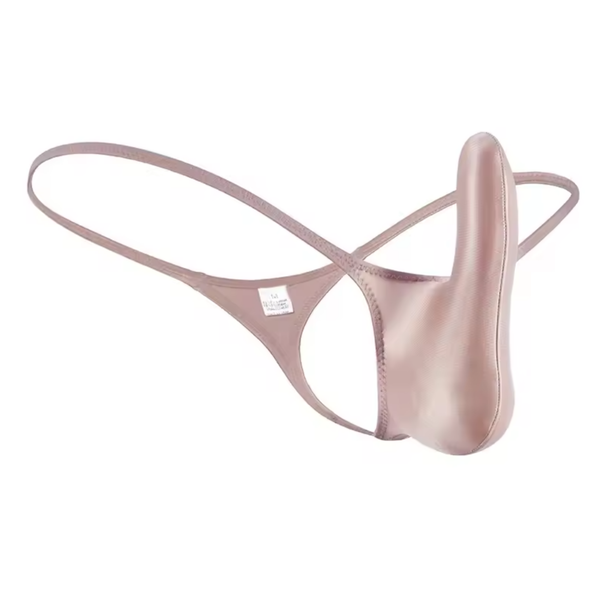 Heren Satijnen G-String – Beige - Sexy Pouch Ondergoed – Glanzend Satijn - Lage Taille en Hoge Elasticiteit – Onderbroek / Slip - Mannen Lingerie - Maat M