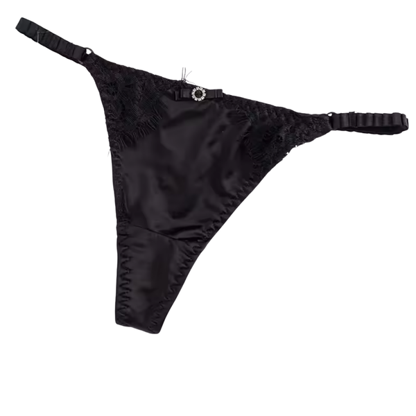 Satijnen Dames String – Zwart - Glanzend Satijn & Zacht Kant – Zwart Kant - Sexy Lingerie Voor Vrouwen - Comfortabel Ondergoed  - Slips / Onderbroeken - One Size