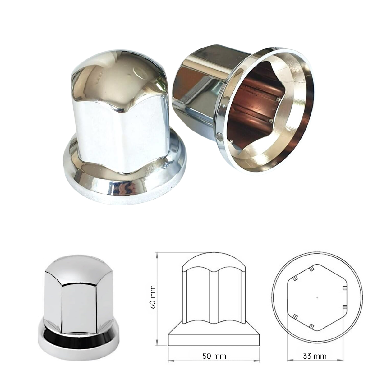 Vrachtwagen Wielmoerdoppen Chroom - 100 Stuks - 60 mm x 33 mm - Kunststof - Wiel Moer Cover Caps - Bescherming Voor Wielmoeren - Wieldoppen - Geschikt Voor Vrachtwagen / Trucks / Aanhanger / Bus / Trailer - Voertuig accessoires
