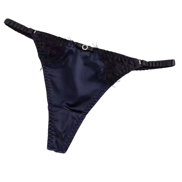 Satijnen Dames String – Donker Blauw - Glanzend Satijn & Zacht Kant – Zwart Kant - Sexy Lingerie Voor Vrouwen - Comfortabel Ondergoed  - Slips / Onderbroeken - One Size