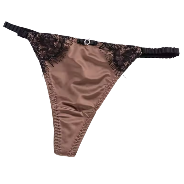 Satijnen Dames String – Licht Bruin - Glanzend Satijn & Zacht Kant – Zwart Kant - Sexy Lingerie Voor Vrouwen - Comfortabel Ondergoed  - Slips / Onderbroeken - One Size
