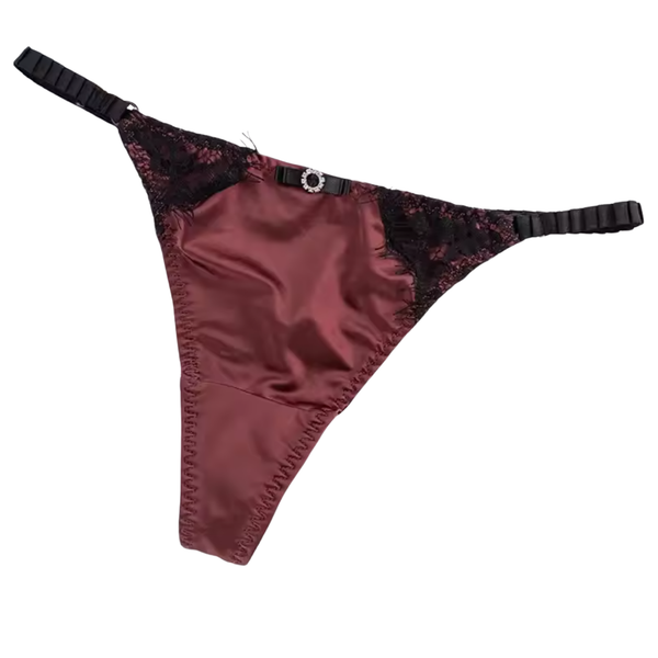 Satijnen Dames String – Bordeaux Rood - Glanzend Satijn & Zacht Kant – Zwart Kant - Sexy Lingerie Voor Vrouwen - Comfortabel Ondergoed  - Slips / Onderbroeken - One Size