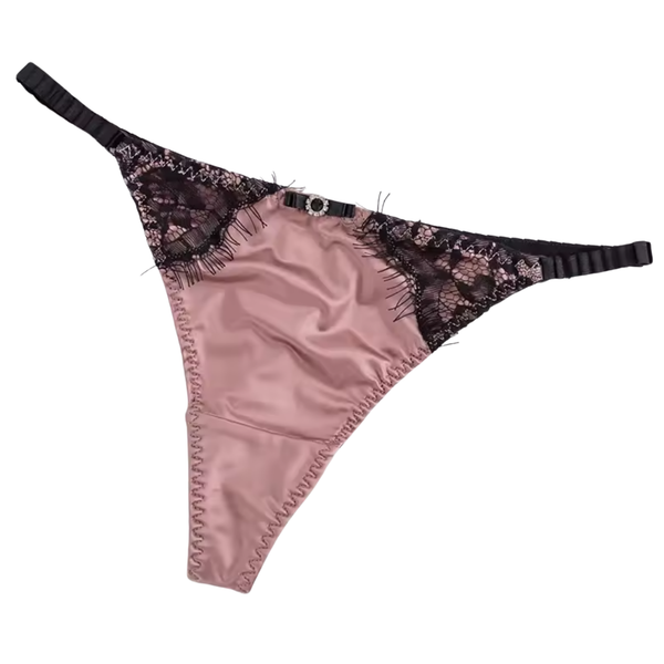 Satijnen Dames String – Donker Roze - Glanzend Satijn & Zacht Kant – Zwart Kant - Sexy Lingerie Voor Vrouwen - Comfortabel Ondergoed  - Slips / Onderbroeken - One size