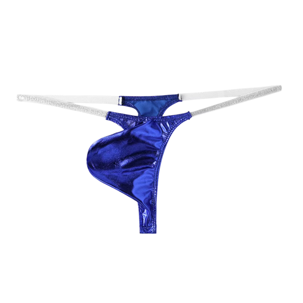 Heren Glanzende G-String – Donkerblauw - Sexy Blauw Pouch Ondergoed - Mini String - Smalle Zilveren Bandjes - Lage Taille & Hoge Elasticiteit – Ondergoed / Onderbroek / Slip - Mannen Lingerie - One Size