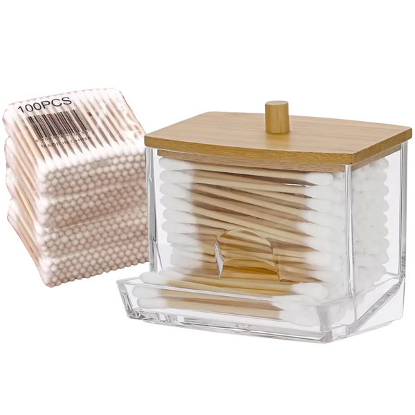 Luxe Wattenstaafhouder met Bamboe Deksel - Opbergdoos voor Wattenstaafjes - Inclusief 400 Wattenstaafjes - Wattenstaaf Dispenser - Stijlvolle Badkamer Accessoire