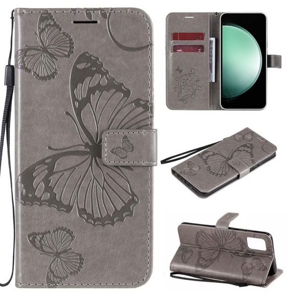 Hoesje Vlinders Grijs - Geschikt voor Samsung Galaxy S23 FE  - Portemonnee Book Case - Boekje Met Kaarthouder / Pasjeshouder en Magneetsluiting - Booklet - Wallet Beschermhoes - Telefoonhoesje