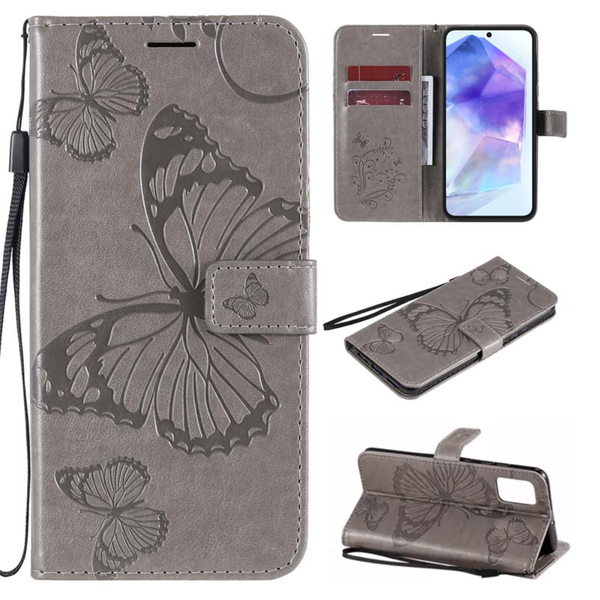 Hoesje Vlinders Grijs - Geschikt voor Samsung Galaxy A55 - Portemonnee Book Case - Boekje Met Kaarthouder / Pasjeshouder en Magneetsluiting - Booklet Beschermhoes - Boekhoesje met Draagkoord
