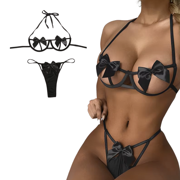 Sexy Dames Lingerieset – Zwart - Met Strikken – Tweedelige Lingerie Set - Halter Bralette Met Strikjes - String - Ondergoed Voor Vrouwen - Maat L