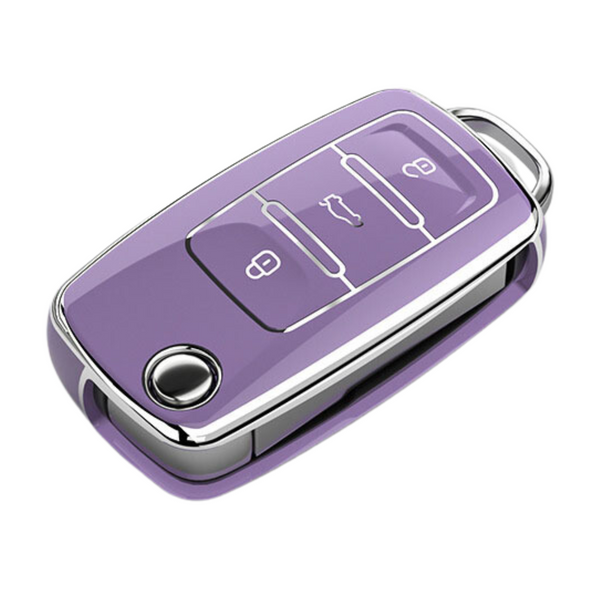 Zachte TPU Sleutelcover - Stevig en Stootvast - Sleutelhoesje Geschikt voor Volkswagen Golf / Polo / Tiguan / Up / Passat / Seat Leon / Skoda Citigo - Paars & Zilver - Sleutel Hoesje Cover - Auto Accessoires
