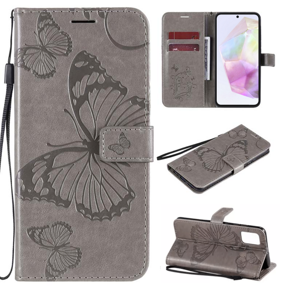 Hoesje Vlinders Grijs - Geschikt voor Samsung Galaxy A35 - Portemonnee Book Case - Boekje Met Kaarthouder / Pasjeshouder en Magneetsluiting - Booklet Beschermhoes - Boekhoesje met Draagkoord